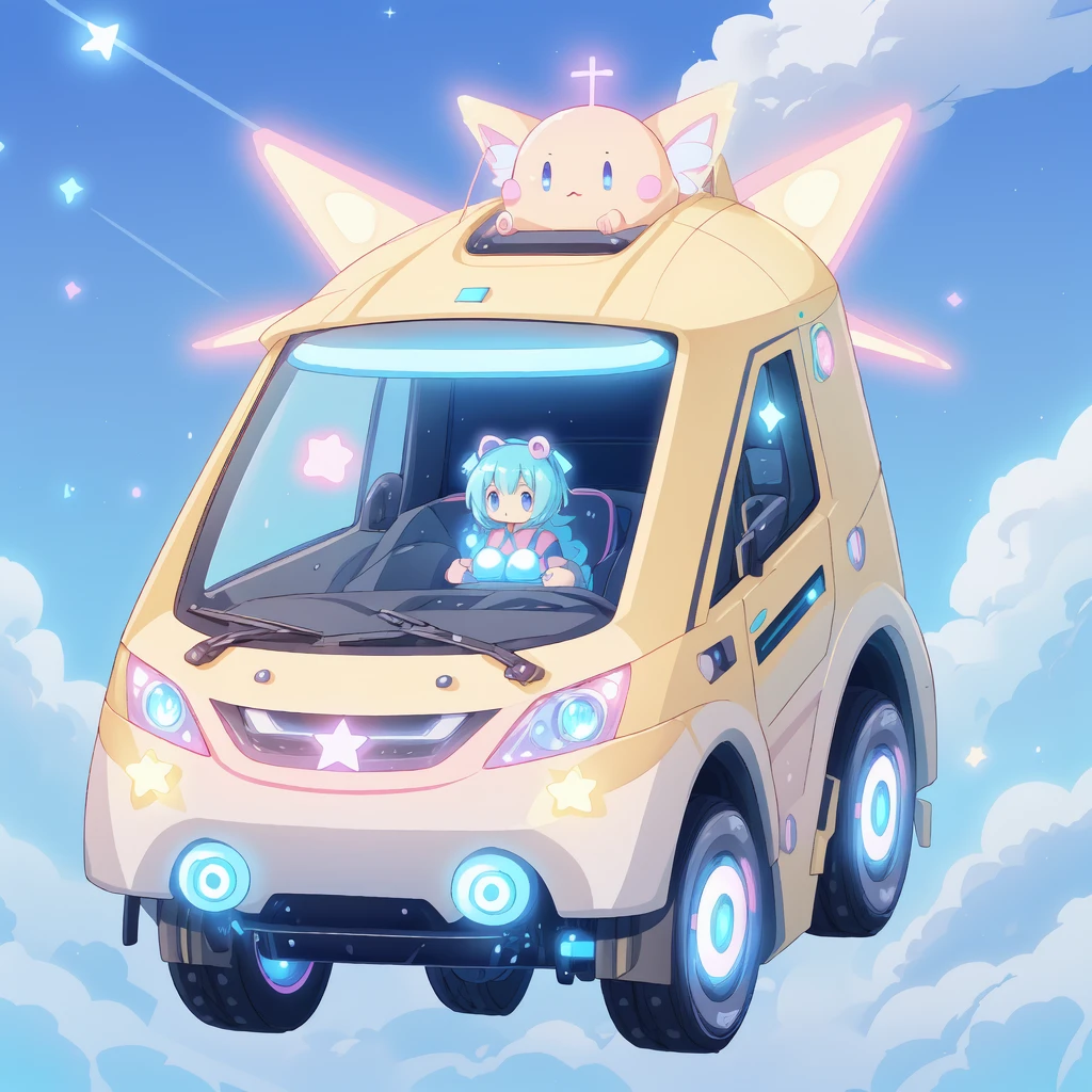 Absurd、Unreal、kawaii tech,A futuristic star-shaped vehicle、