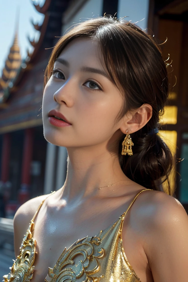 ((Low angle shot:1.4))(Photorealistic:1.5),((Detailed beautiful face, detailed beautiful wide eyes, 8K olive green pupil:1.3)),((masterpiece,ultra high quality, ultra high resolution:1.2)),((realistic skin, very detailed details:1.2)),(unity 16K wallpaper:1.1),(HD quality,HDR),((The style of a surrealist painter, a masterpiece of ultra-realistic portraits, an epic work of a photography expert)),((nikon d750 f/1.4 55mm)),((dynamic angle,professional lighting, physically-based rendering)),((Bright colors)),
(Beautiful and Realistic thai girl),(Sexy and attractive face, perfectly proportioned body),((small breasts)),((light brown hair,long wavy hair,front ponytail)),((Venus of the East)),
((Thai princess:1.3)),(Gorgeous thai costumes with intricate details,Gorgeous dress,Gorgeous gold ornaments, intricate details,ornate jewelry accessories,Gorgeous fringe, intricate details,Various gemstones:1.2),((thai buddhist temple))