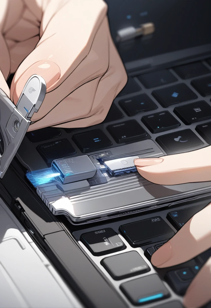 ((background only)),masterpiece, best quality, extremely detailed, ultra detailed, flat anime, 2D, close-up of a female hand, inserting a USB flash memory into a sliver laptop's USB port, laptop keyboard is visible, the USB flash memory has a black casing,