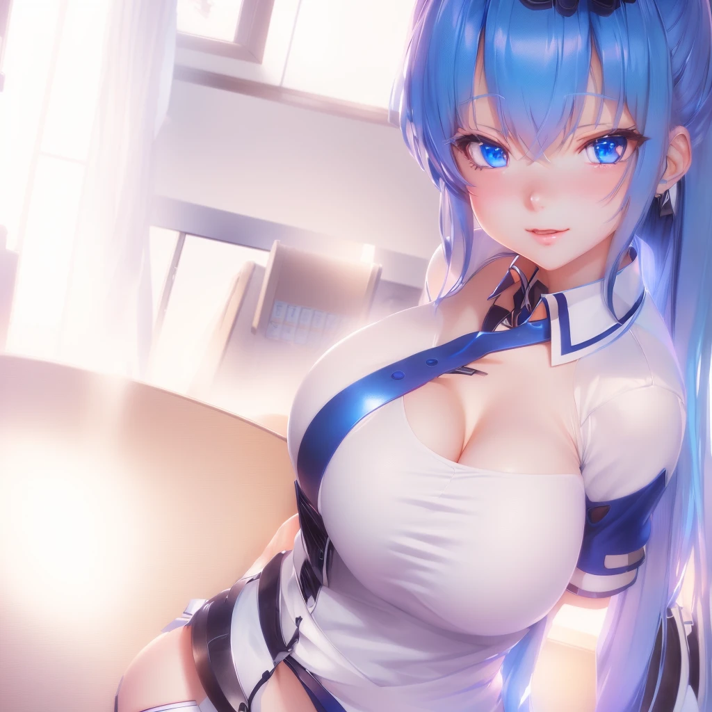 Anime girl with long hair and blue eyes posing in the kitchen, tits, Enchanting anime girl, Naughty anime style, Smooth anime CG art, biomechanical tits, Big Breasts!, have large breasts, a hyperRealistic , Big Breasts!!, hyperRealistic , Realistic , Beautiful and attractive anime , Anime Best Girl