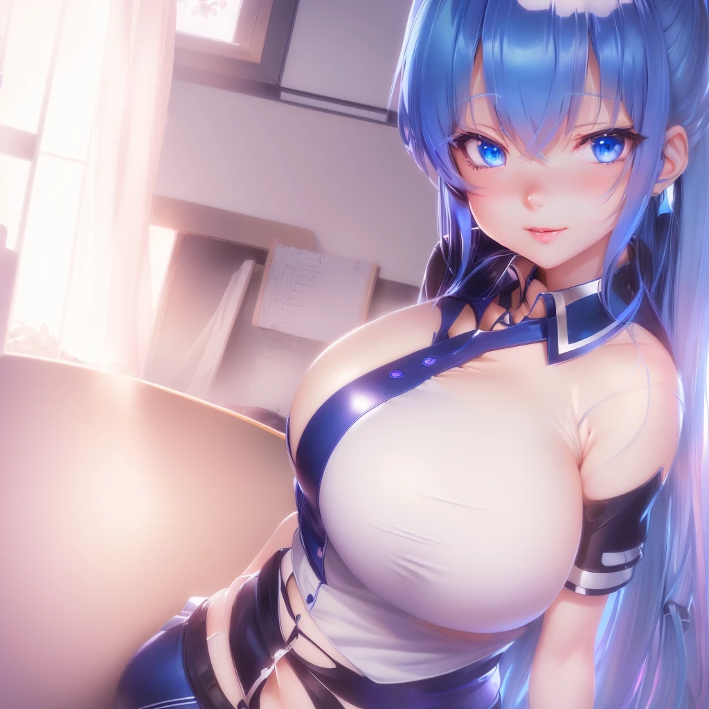 Anime girl with long hair and blue eyes posing in the kitchen, tits, Enchanting anime girl, Naughty anime style, Smooth anime CG art, biomechanical tits, Big Breasts!, have large breasts, a hyperRealistic , Big Breasts!!, hyperRealistic , Realistic , Beautiful and attractive anime , Anime Best Girl