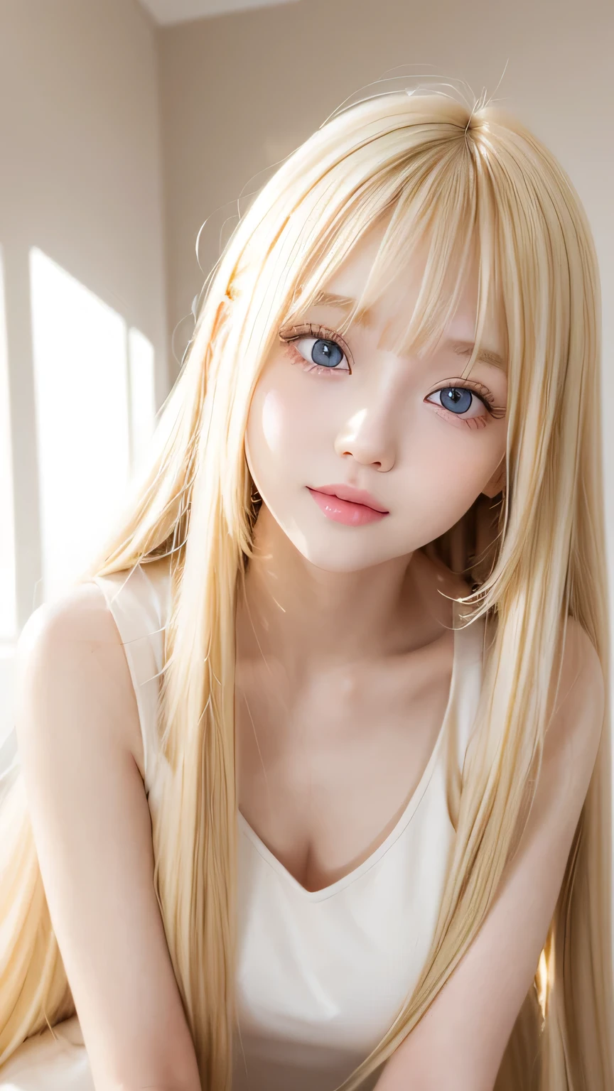 Beautiful super long, straight, silky hair that shines with a dazzling golden hue、Bright expression、Blonde girl posing in a white top、Long golden bangs between the eyes,,、Extremely white and shiny、Bright and beautiful skin、Glowing Cheeks、Reality Girls、16-year-old girl、Beautiful girl with shining golden platinum blonde、Beautiful big bright blue eyes