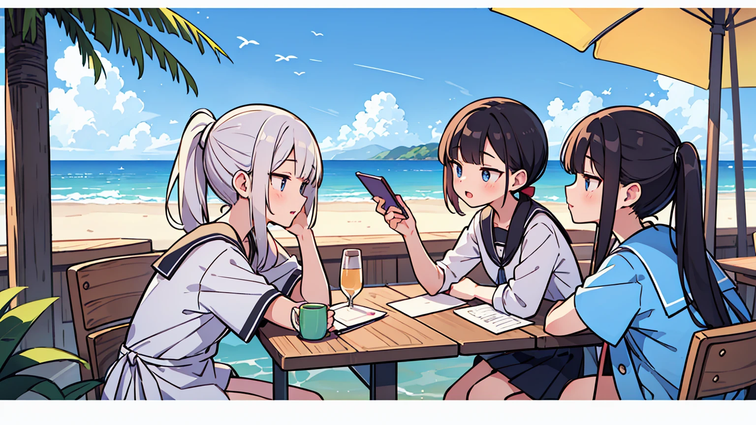 (masterpiece, best quality),Women with different faces and hairstyles, different hair colors, different faces, ponytail, letterboxed, perfection of fashion,chapped lips, Summer Clothes, upper body, from the side,Terrace cafe with white sand and beach view,Teaching students to study at the table, eyes look at the note, together, stylish outfit,