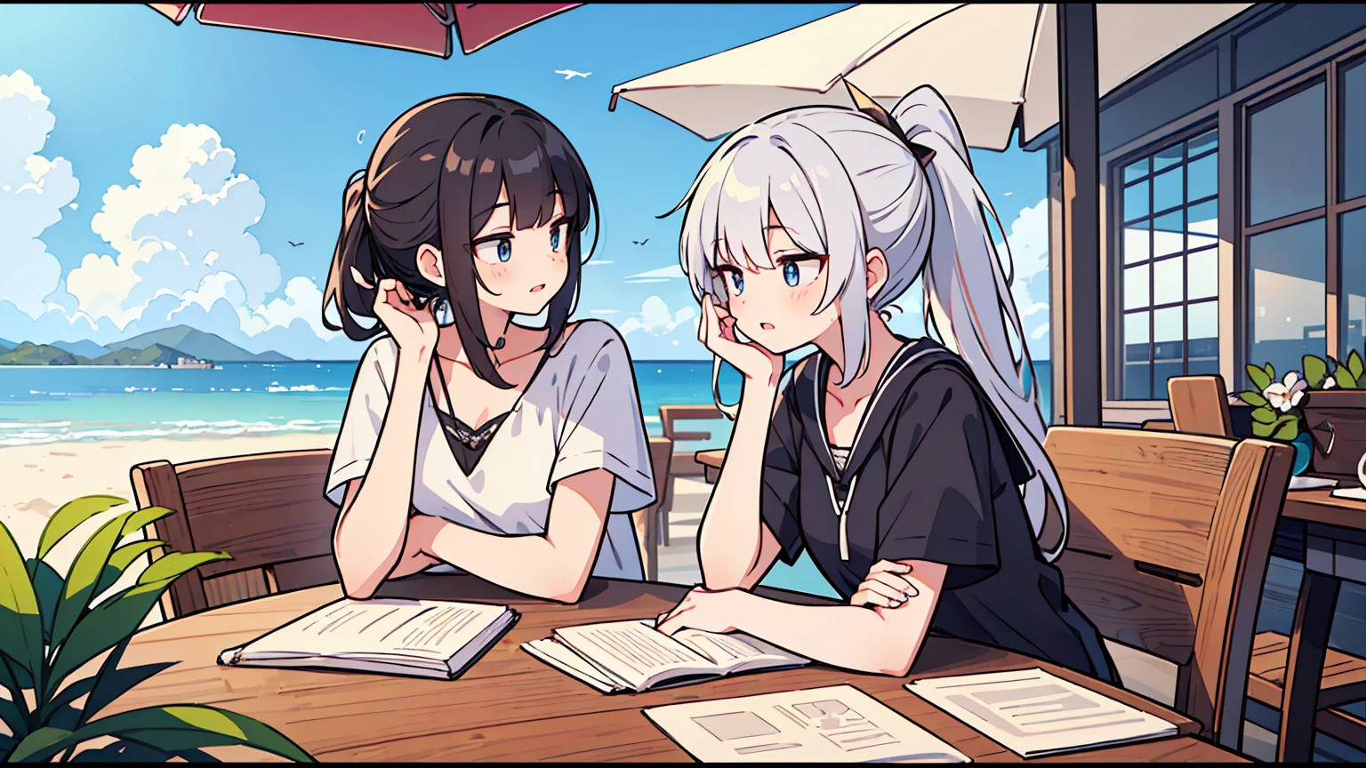 (masterpiece, best quality),Women with different faces and hairstyles, different hair colors, different faces, ponytail, letterboxed, perfection of fashion,chapped lips, Summer Clothes, upper body, from the side,Terrace cafe with white sand and beach view,Teaching students to study at the table, eyes look at the note, together, stylish outfit,