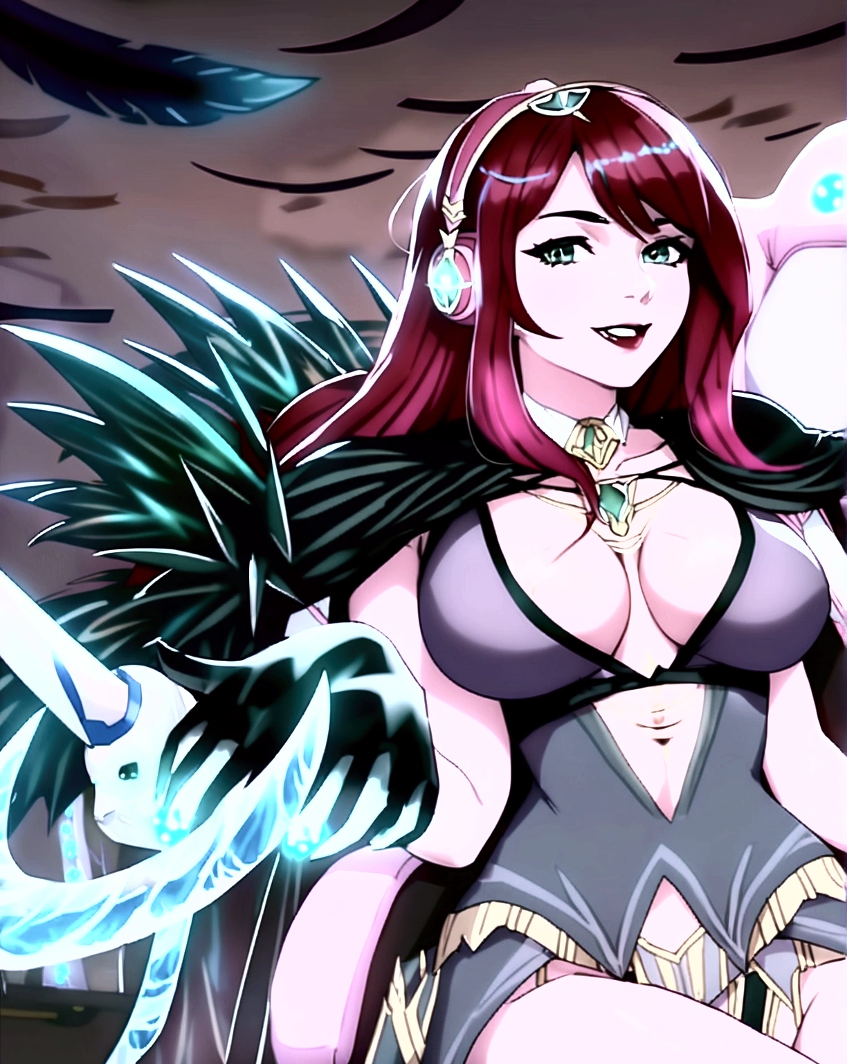 A sorceress with long red hair, long black low-cut dress, black feathers on the shoulders of the dress, bountiful breasts, evil gaze, sitting on the pink gaming chair, a blackboard on the back left written "subs & bits", wearing pink headphones