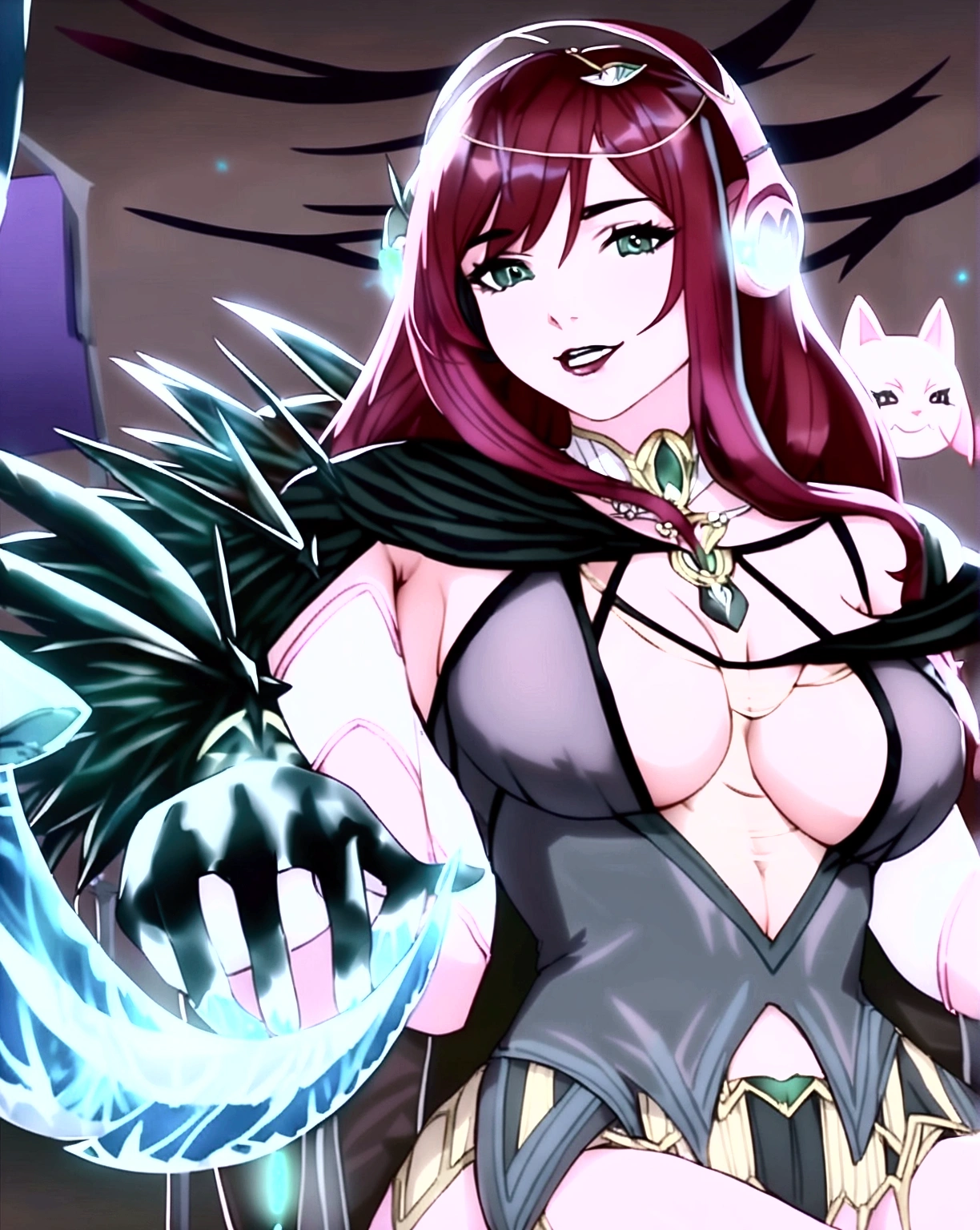 A sorceress with long red hair, long black low-cut dress, black feathers on the shoulders of the dress, bountiful breasts, evil gaze, sitting on the pink gaming chair, a blackboard on the back left written "subs & bits", wearing pink headphones