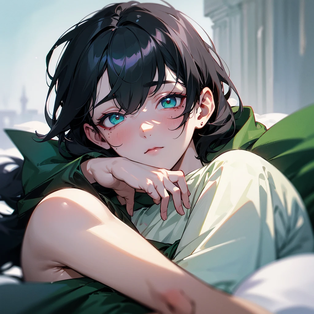 A boy... black hair... pastel green eyes... sleepy and serene look... snow white skin... a mole under the right eye... unreal beauty... With a letter with a heart... The boy is covered in blood...