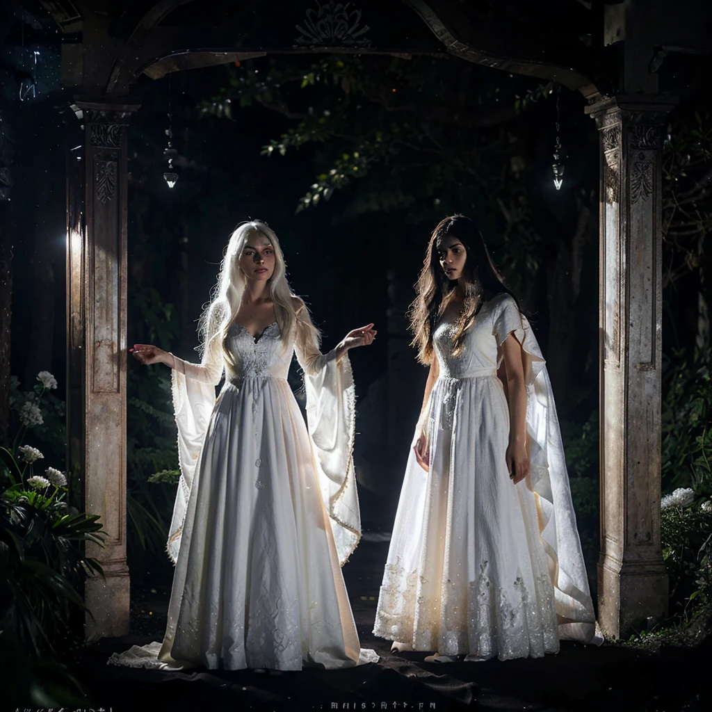 1 girl, (long white hair), (wearing white gown)Ethereal fantasy concept art, fantasy artwork, intricate artwork,(full body portrait:1.2), ((looking at viewer)), (Spirit of the Moon), (long white hair), (silver eyes), magnificent, celestial, ethereal, magical, fantasy art, cover art, dreamy, elegant, beautiful, (background is a forest at night), (dark sky, full moon), , (wearing white gown with moon symbols), night, full moon, forest background, glowing flowers ((best quality)), ((masterpiece)), (detailed),