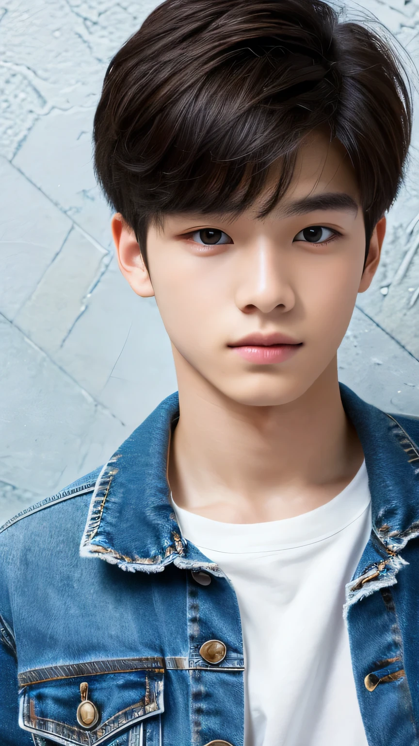 Highest quality, masterpiece, Ultra-high resolution, (Realistic: 1.4), Original photo, wallpaper, Head Photo, skin, Simple Background, Iris, detailed, Selfie, 1 boy, 18-year-old, good looking, Wind,Denim Jacket