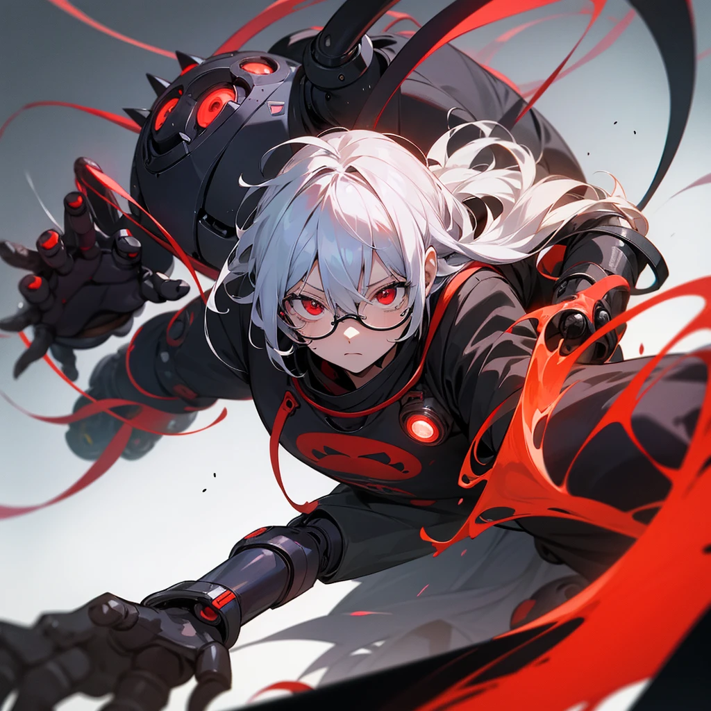 Nanobots crawling at camera, anime man in the middle, black mechanical arms, red eyes, lab coat, floating, glasses