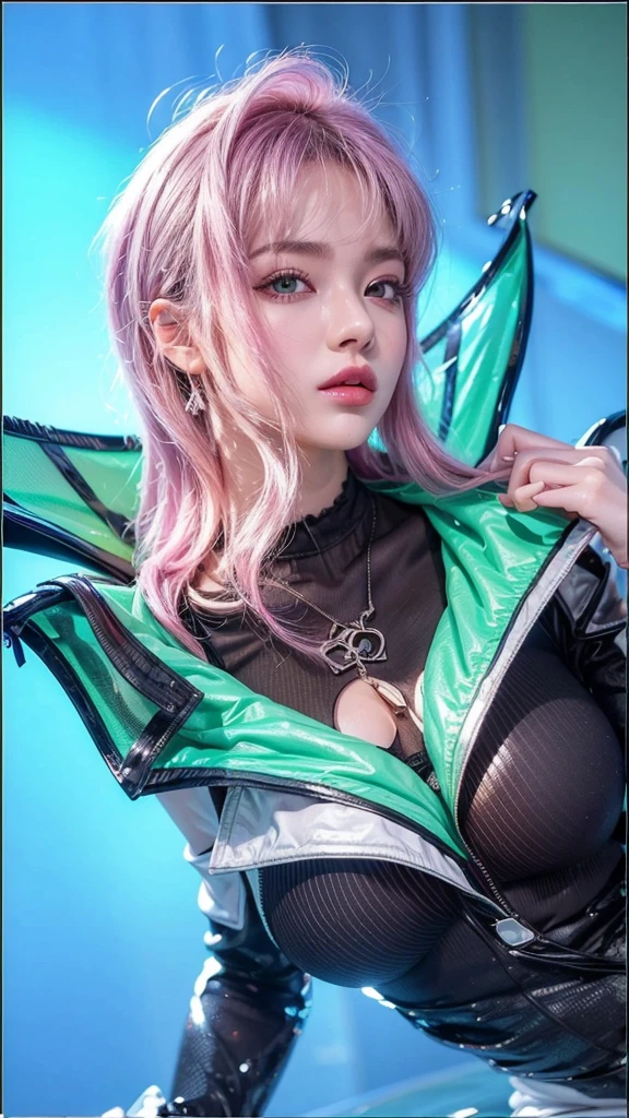 (masterpiece, 8k, RAW photo, photorealistic:1.25) ,( lipgloss, eyelashes, gloss-face, glossy skin, best quality, ultra highres, depth of field, chromatic aberration, caustics, Broad lighting, natural shading, smooth face, smooth skin, without wrinkles) shiny pink hair, bluish white eyes, cool clothes like a model, breast window on the shirt, dark lips, 20 years old, Valentina from mobile legend bang bang, dark chip above eyebrow, hair without accessories