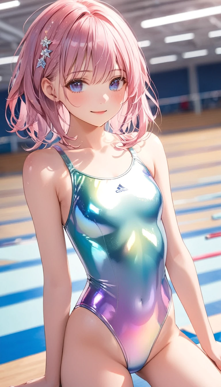 highquality illustration, masterpiece, very delicate and beautiful, attractive girl,(gymnastics leotard,long sleeve leotard with glittery decoration,high_leg leotard,athletic leotard,tight-fit leotard,iridescent gradient leotard,long-sleeve leotard),thin,slender body,slim,high school,gymnasium background,gymnastics club,gymnastics athlete,princess, beautiful eyes,light smile,(masterpiece, best quality:1.2), highres, extremely detailed CG unity 8k wallpaper, perfect lighting, Colourful, ultra-high res,4K,ultra-detailed, photography, 8K, HDR, 17 ages,cowboy shot,