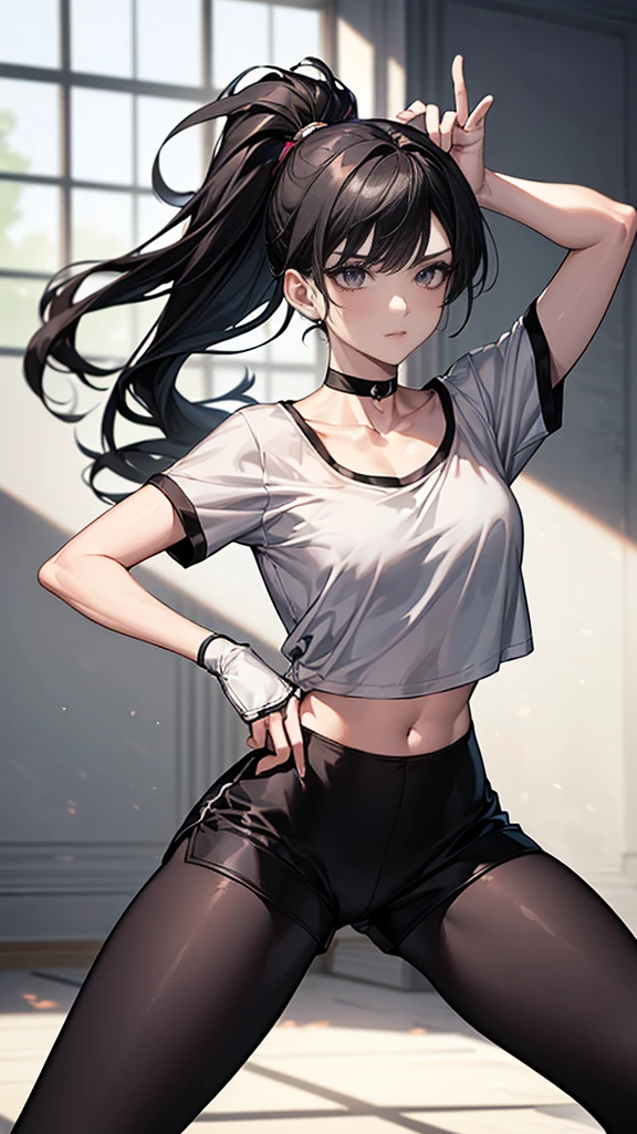 ((Highest quality)), ((masterpiece)), (detailed) {{{Slender female martial arts instructor}}} Shorts {{Décolletage}} {{White short-sleeved T-shirt with long length}} Mature Woman ((Combat Stance)) Long fingerless gloves Black tights {{Inside the dojo}} Black Hair Long-haired ponytail ((Leggings with integrated shorts)) clavicle choker