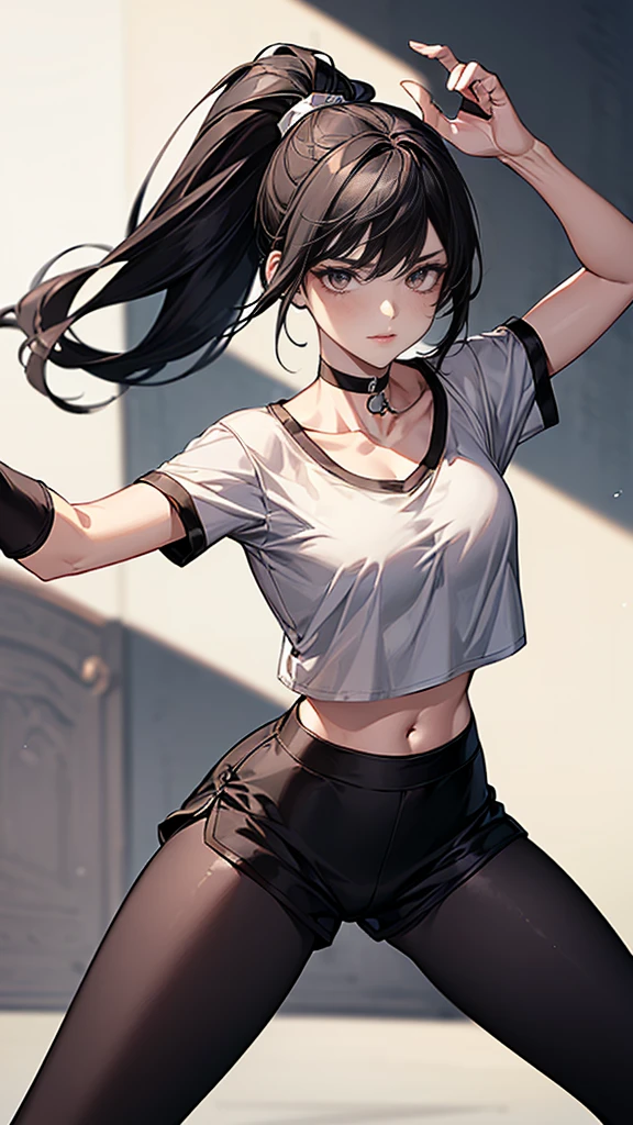 ((Highest quality)), ((masterpiece)), (detailed) {{{Slender female martial arts instructor}}} Shorts {{Décolletage}} {{White short-sleeved T-shirt with long length}} Mature Woman ((Combat Stance)) Long fingerless gloves Black tights {{Inside the dojo}} Black Hair Long-haired ponytail ((Leggings with integrated shorts)) clavicle choker