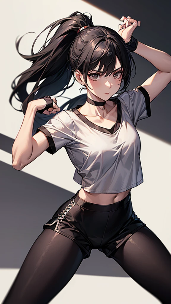 ((Highest quality)), ((masterpiece)), (detailed) {{{Slender female martial arts instructor}}} Shorts {{Décolletage}} {{White short-sleeved T-shirt with long length}} Mature Woman ((Combat Stance)) Long fingerless gloves Black tights {{Inside the dojo}} Black Hair Long-haired ponytail ((Leggings with integrated shorts)) clavicle choker