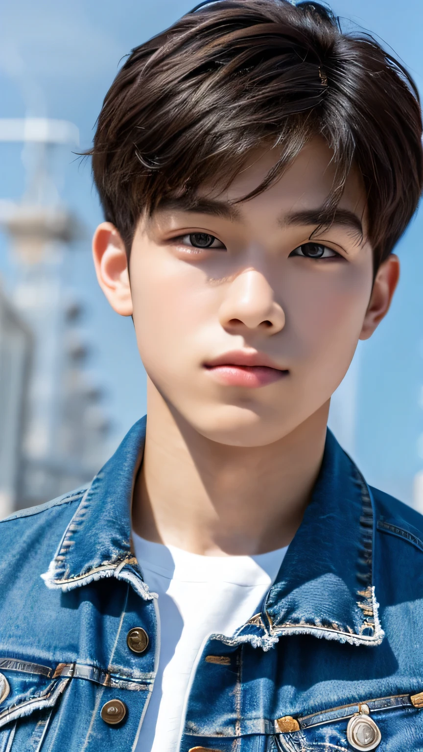 Highest quality, masterpiece, Ultra-high resolution, (Realistic: 1.4), Original photo, wallpaper, Head Photo, skin, Simple Background, Iris, detailed, Selfie, 1 boy, 18-year-old, good looking, Wind,Denim Jacket
