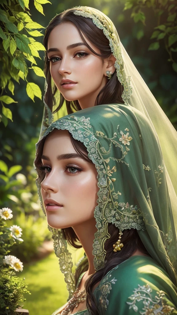 a young woman in a garden, beautiful detailed eyes, beautiful detailed lips, extremely detailed eyes and face, long eyelashes, beautiful skin, elegant dress, peaceful expression, photorealistic, intricate details, lush greenery, vibrant colors, soft lighting, serene atmosphere, masterpiece, ultra-detailed, realistic, HDR, vivid colors, cinematic lighting