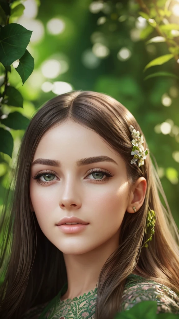 a young woman in a garden, beautiful detailed eyes, beautiful detailed lips, extremely detailed eyes and face, long eyelashes, beautiful skin, elegant dress, peaceful expression, photorealistic, intricate details, lush greenery, vibrant colors, soft lighting, serene atmosphere, masterpiece, ultra-detailed, realistic, HDR, vivid colors, cinematic lighting