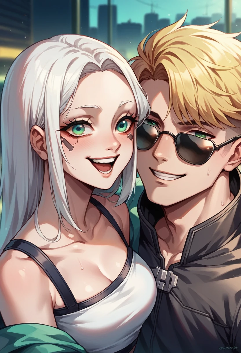 Boy with white hair and blue eyes, wearing dark sunglasses, next to a girl with blonde hair and green eyes, hugged, happy couple, with cyberpunk style park background