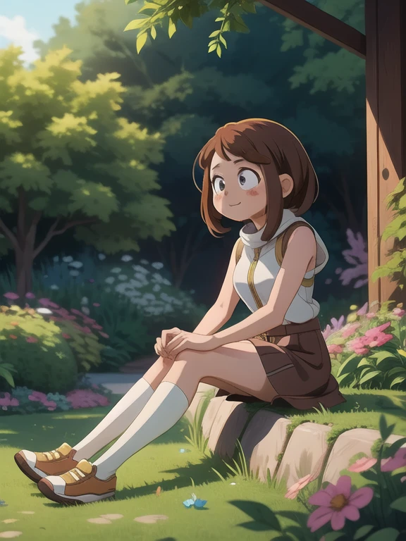 Ochaco Uraraka, sitting in a garden, nice environment, super detailed, high quality