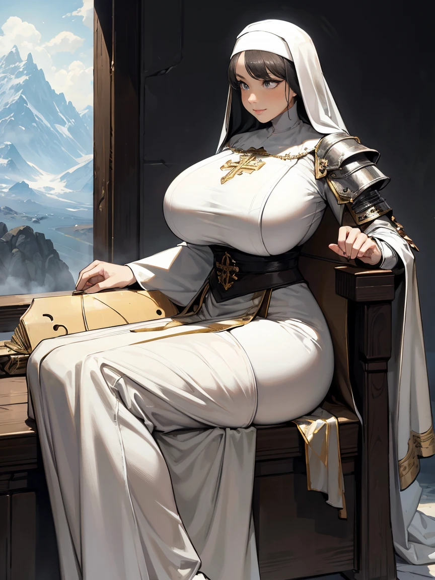 (masterpiece, top quality, best quality, official art, beautiful and aesthetic:1.2), (1girl:1.3), ((Sharp facial features, sharp features, hawkish features)), ((grey eyes)), busty paladin knight girl, extremely detailed, portrait, looking at viewer, solo, (full body:0.6), detailed background, full-body shot, (cold mountain nighttime glacier theme:1.1), holy knight, (nun), charlatan, smirk, mysterious, swaying in mountains, armor, polished metal, gold trim, long boots, white fabric, pelvic curtain, robe, pale leather, ((((armor, nun, crossbow, heavy armor, armored, long legs, robes, prayer scrolls, toned, muscular)))), slim waist, slim hips, long legs, medieval (mountain exterior:1.1) background, dark mysterious lighting, shadows, magical atmosphere, dutch angle