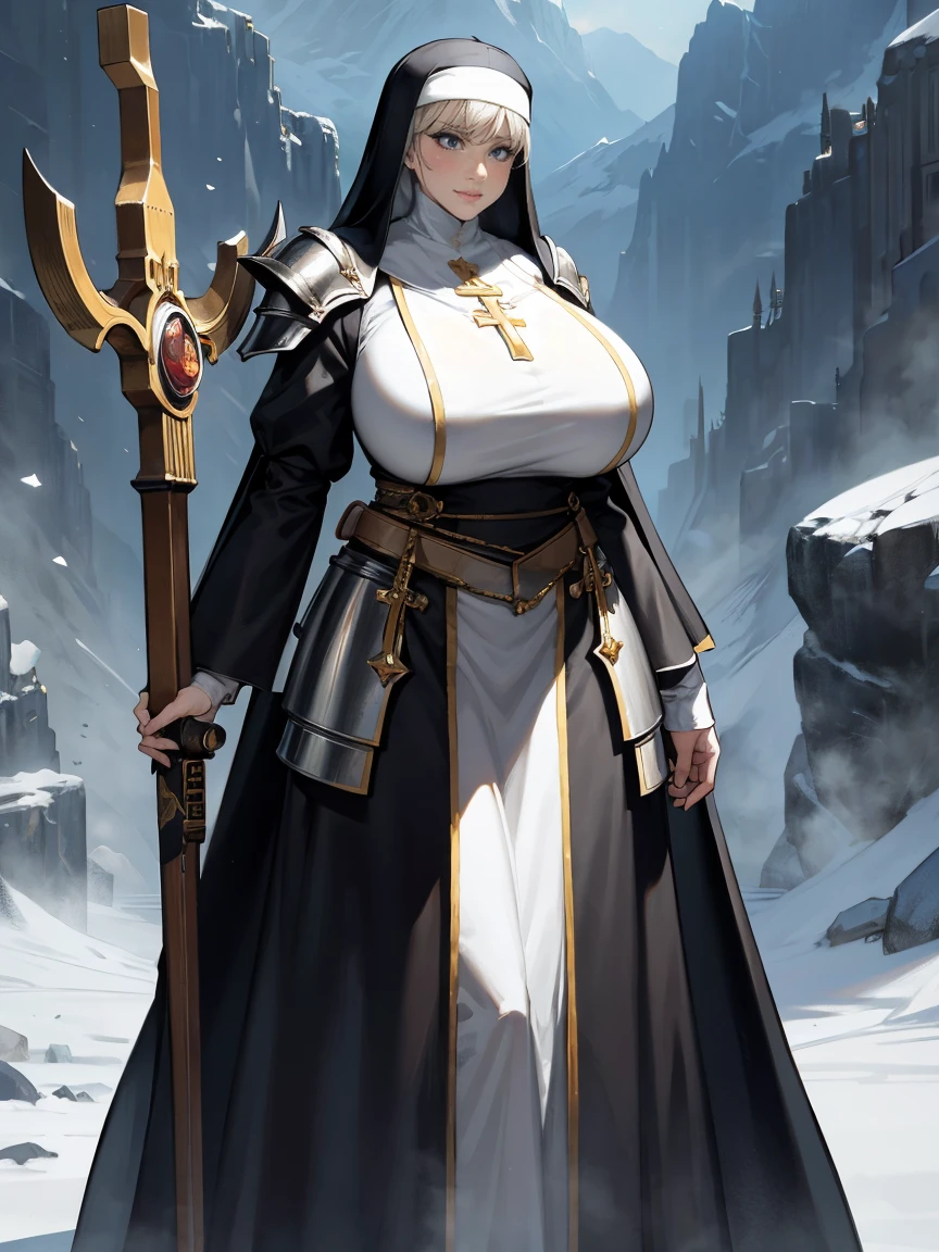 (masterpiece, top quality, best quality, official art, beautiful and aesthetic:1.2), (1girl:1.3), ((Sharp facial features, sharp features, hawkish features)), ((grey eyes)), busty paladin knight girl, extremely detailed, portrait, looking at viewer, solo, (full body:0.6), detailed background, full-body shot, (cold mountain nighttime glacier theme:1.1), holy knight, (nun), charlatan, smirk, mysterious, swaying in mountains, armor, polished metal, gold trim, long boots, white fabric, pelvic curtain, robe, pale leather, ((((armor, nun, crossbow, heavy armor, armored, long legs, robes, prayer scrolls, toned, muscular)))), slim waist, slim hips, long legs, medieval (mountain exterior:1.1) background, dark mysterious lighting, shadows, magical atmosphere, dutch angle