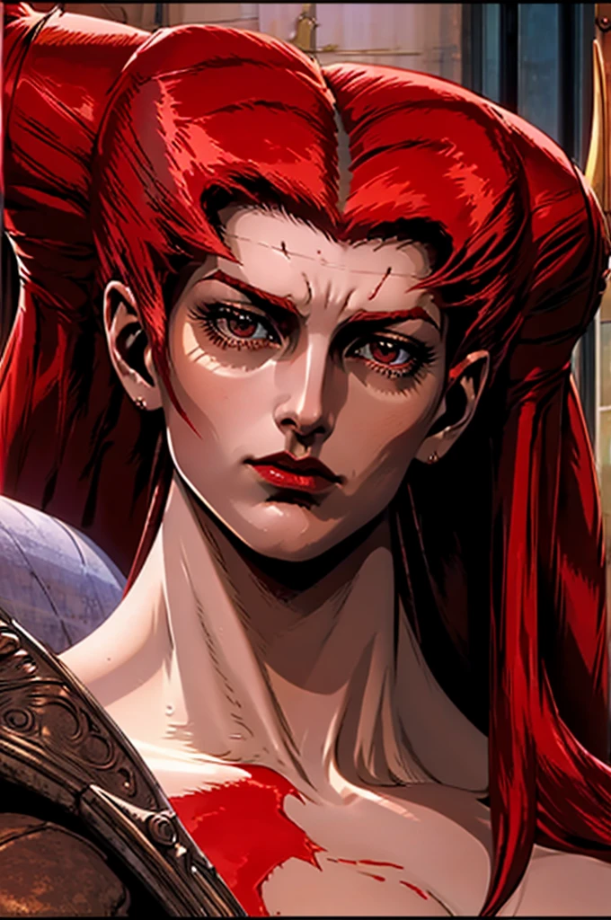Naked,large breasts,looking at her side profile,beautiful face,bloody,red skin,rising from her tomb,long red hair in dense curls,long slender body,stomach