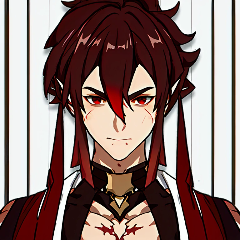 masterpiece, best quality, simple background, simple background, simple background, simple background, simple background, portrait, solo, 1man, 40 years, tall, muscular man, gradient black and red hair, combed back short hair, muscular man, slightly swarthy skin tone, small scars on the chest, broad shoulders, muscular body, unique pointed ears