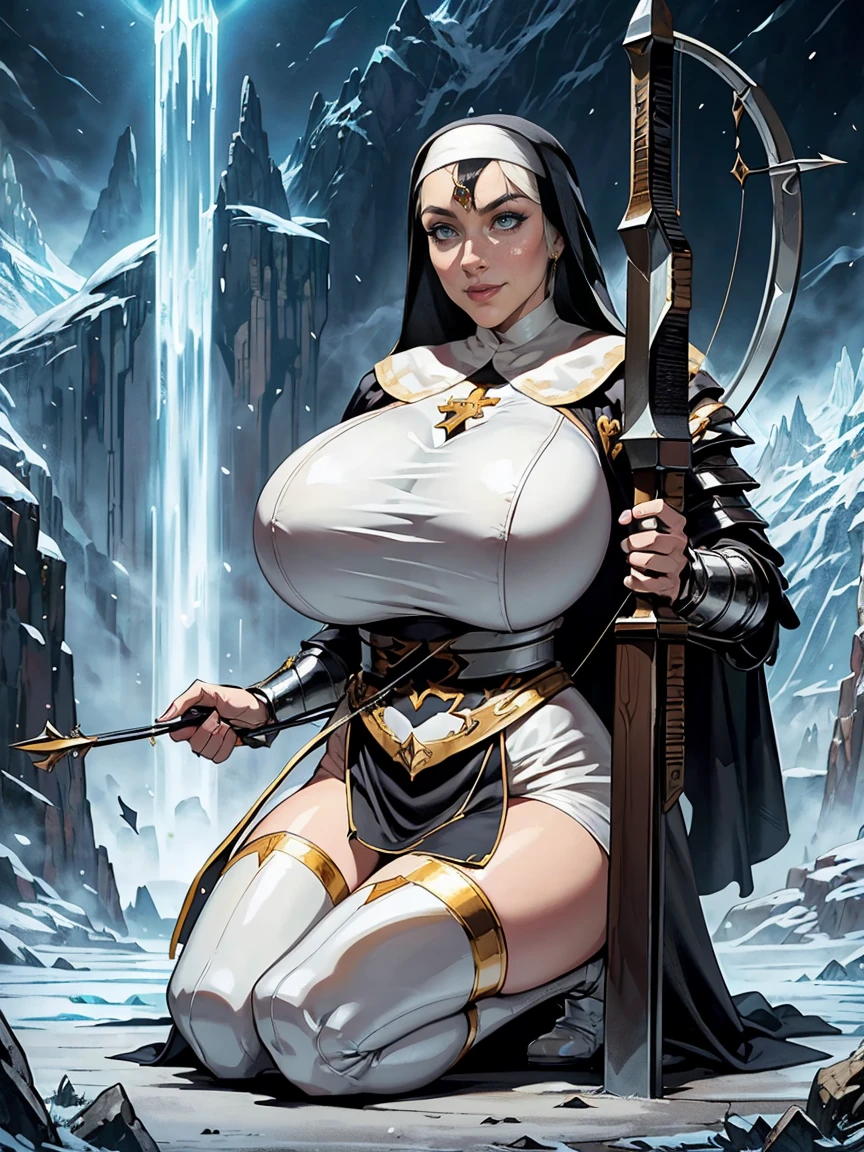 (masterpiece, top quality, best quality, official art, beautiful and aesthetic:1.2), (1girl:1.3), ((Sharp facial features, sharp features, hawkish features)), ((grey eyes)), busty paladin knight girl, extremely detailed, portrait, looking at viewer, solo, (full body:0.6), detailed background, full-body shot, (cold mountain nighttime glacier theme:1.1), holy knight, (nun), charlatan, smirk, mysterious, swaying in mountains, armor, polished metal, gold trim, long boots, white fabric, pelvic curtain, robe, pale leather, ((((nun, crossbow, heavy armor, armored, long legs, robes, prayer scrolls, toned, muscular)))), slim waist, slim hips, long legs, medieval (mountain exterior:1.1) background, dark mysterious lighting, shadows, magical atmosphere, dutch angle