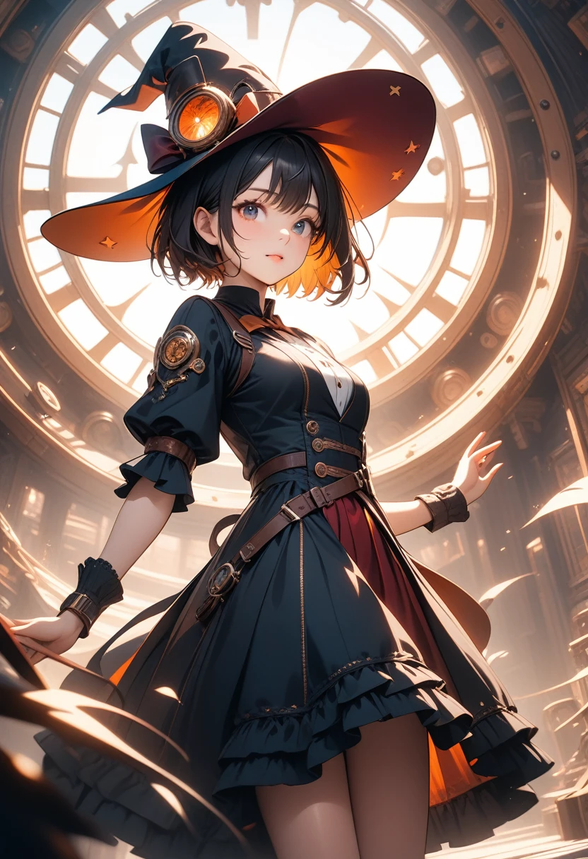 1girl, short hair girl, witch hat, gorgeous light and shadow, dress, Magical, Steampunk, ultra detailed background, illustration, vibrant colors, intricate details, 8k wallpaper, (Depth of field, cinematic angle, cinematic lighting:1.2), (masterpiece:1.2), (best quality:1.2), (very aesthetic:1.2), (absurdres:1.2), newest, intricate, ai-generated, Dynamic poses, sexy poses, (dutch angle), (Close-up), shiny and lustrous,