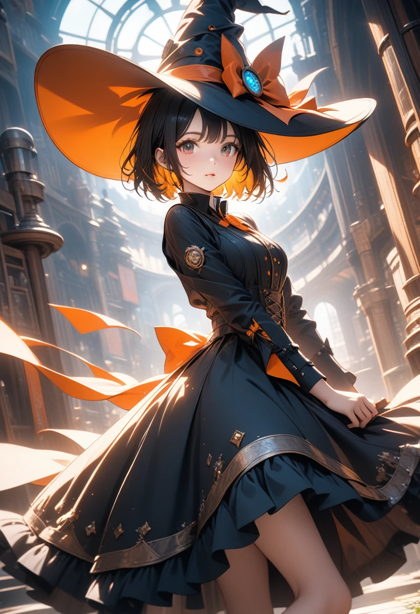 1girl, short hair girl, witch hat, gorgeous light and shadow, dress, Magical, Steampunk, ultra detailed background, illustration, vibrant colors, intricate details, 8k wallpaper, (Depth of field, cinematic angle, cinematic lighting:1.2), (masterpiece:1.2), (best quality:1.2), (very aesthetic:1.2), (absurdres:1.2), newest, intricate, ai-generated, Dynamic poses, sexy poses, (dutch angle), (Close-up), shiny and lustrous,