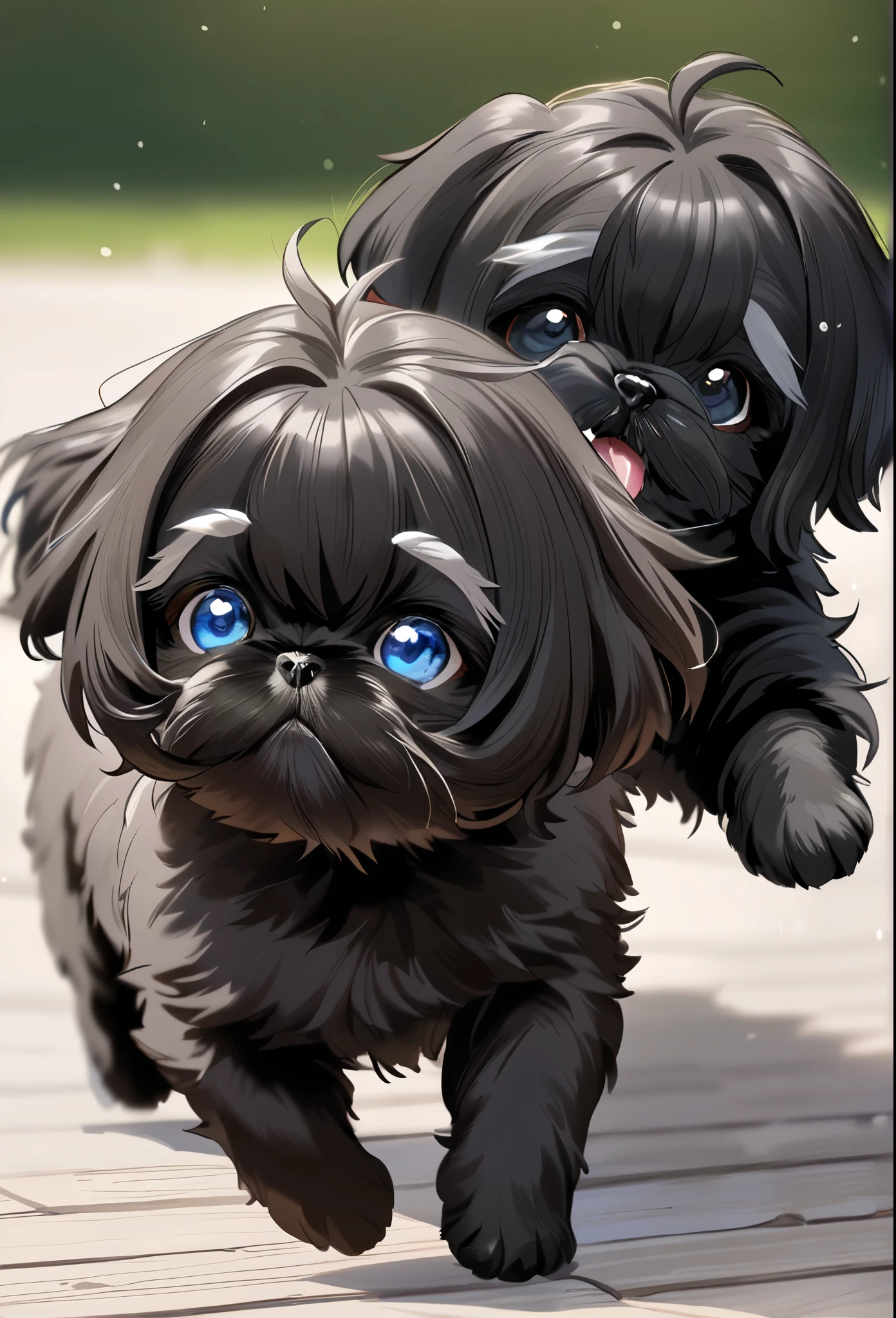 2 adorable small black shih tzu puppies with blue eyes pouncing