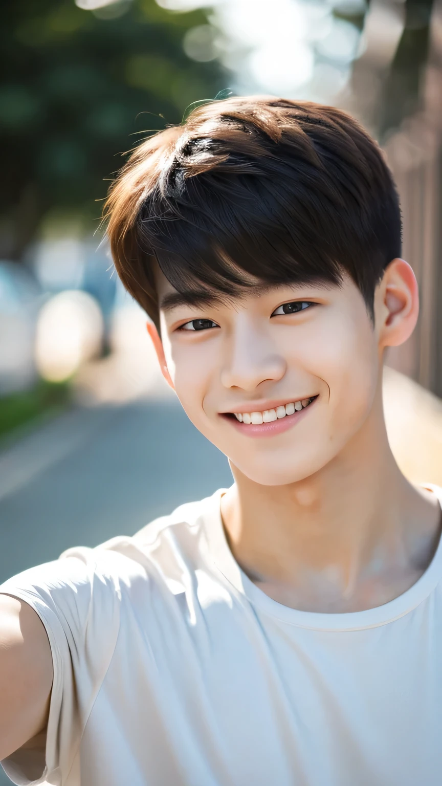 Highest quality, masterpiece, Ultra-high resolution, (Realistic: 1.4), Original photo, wallpaper, Head Photo, skin, Simple Background, Iris, detailed, Selfie, 1 boy, 18-year-old, good looking, Wind,smile,