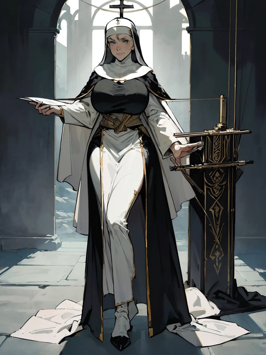 (masterpiece, top quality, best quality, official art, beautiful and aesthetic:1.2), (1girl:1.3), ((Sharp facial features, sharp features, hawkish features)), ((grey eyes)), busty paladin knight girl, extremely detailed, portrait, looking at viewer, solo, (full body:0.6), detailed background, full-body shot, (cold mountain nighttime glacier theme:1.1), holy knight, (nun), charlatan, smirk, mysterious, swaying in mountains, armor, polished metal, gold trim, long boots, white fabric, pelvic curtain, robe, pale leather, ((((nun, crossbow, heavy armor, armored, long legs, robes, prayer scrolls, toned, muscular)))), slim waist, slim hips, long legs, medieval (mountain exterior:1.1) background, dark mysterious lighting, shadows, magical atmosphere, dutch angle