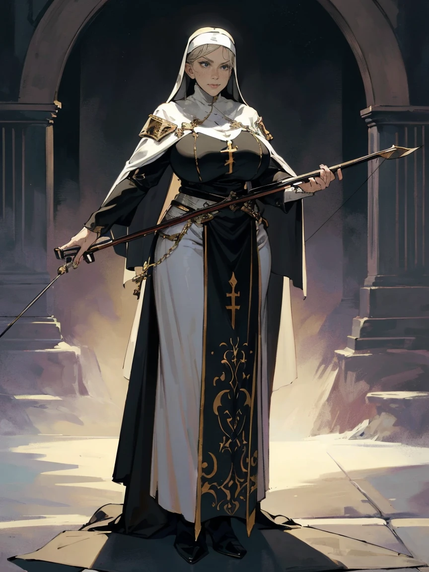 (masterpiece, top quality, best quality, official art, beautiful and aesthetic:1.2), (1girl:1.3), ((Sharp facial features, sharp features, hawkish features)), ((grey eyes)), busty paladin knight girl, extremely detailed, portrait, looking at viewer, solo, (full body:0.6), detailed background, full-body shot, (cold mountain nighttime glacier theme:1.1), holy knight, (nun), charlatan, smirk, mysterious, swaying in mountains, armor, polished metal, gold trim, long boots, white fabric, pelvic curtain, robe, pale leather, ((((nun, crossbow, heavy armor, armored, long legs, robes, prayer scrolls, toned, muscular)))), slim waist, slim hips, long legs, medieval (mountain exterior:1.1) background, dark mysterious lighting, shadows, magical atmosphere, dutch angle