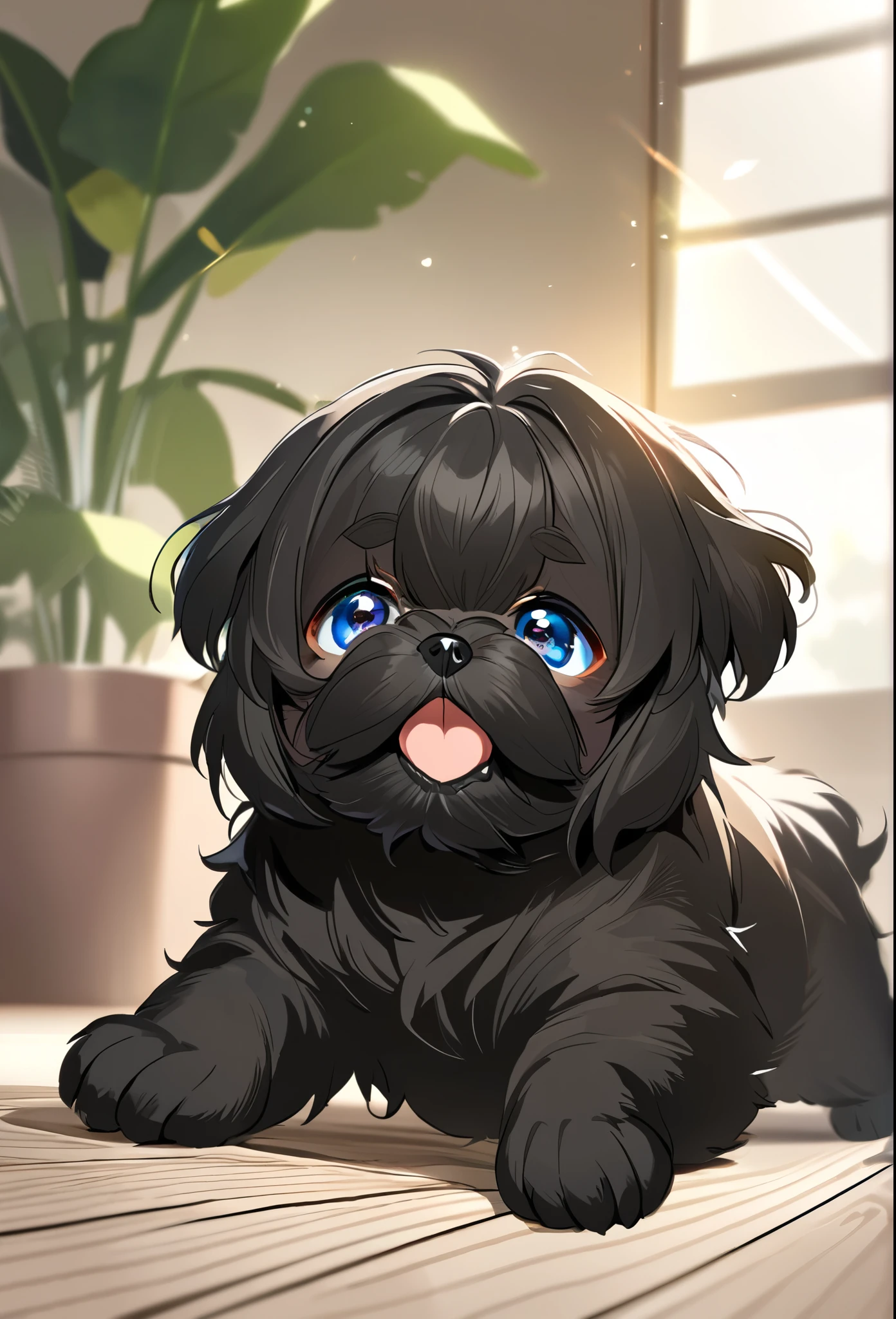 2 adorable small black shih tzu puppies with blue eyes pouncing