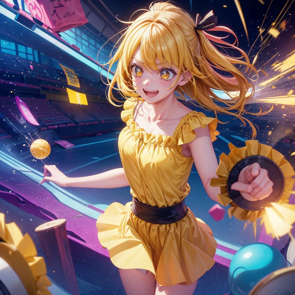 Create an anime-style image of a clumsy and naturally awkward girl with bright yellow hair. She should be wearing a cute, casual yellow outfit, such as a dress or a top with a skirt. Depict her in a moment where she is tripping or stumbling, showing a panicked and embarrassed expression, but also shyly smiling with her teeth showing in an awkward, bashful grin. Her hair is styled in a playful, slightly messy fashion. The background should be lively and fun, with bright colors and dynamic elements that emphasize her clumsiness. Add small, amusing details around her, like scattered items she has knocked over, to enhance the playful and whimsical atmosphere. Ensure that she is the only character in the image, making her the clear focus of the scene. Make sure the overall image is vibrant and engaging, suitable for use as a thumbnail.