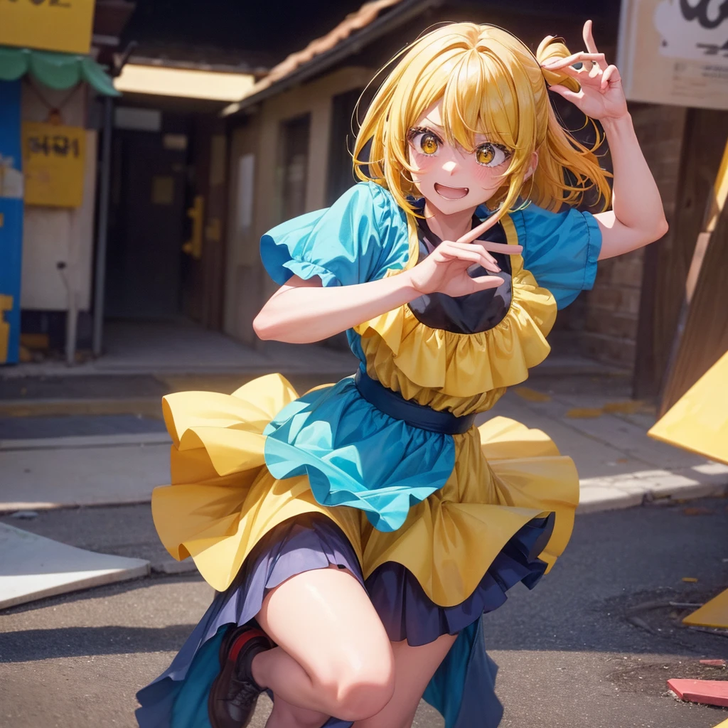 Create an anime-style image of a clumsy and naturally awkward girl with bright yellow hair. She should be wearing a cute, casual yellow outfit, such as a dress or a top with a skirt. Depict her in a moment where she is tripping or stumbling, showing a panicked and embarrassed expression, but also shyly smiling with her teeth showing in an awkward, bashful grin. Her hair is styled in a playful, slightly messy fashion. The background should be lively and fun, with bright colors and dynamic elements that emphasize her clumsiness. Add small, amusing details around her, like scattered items she has knocked over, to enhance the playful and whimsical atmosphere. Ensure that she is the only character in the image, making her the clear focus of the scene. Make sure the overall image is vibrant and engaging, suitable for use as a thumbnail.