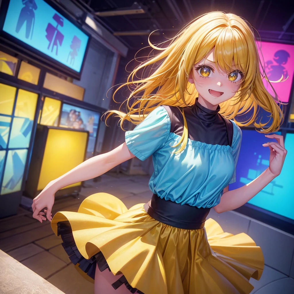 Create an anime-style image of a clumsy and naturally awkward girl with bright yellow hair. She should be wearing a cute, casual yellow outfit, such as a dress or a top with a skirt. Depict her in a moment where she is tripping or stumbling, showing a panicked and embarrassed expression, but also shyly smiling with her teeth showing in an awkward, bashful grin. Her hair is styled in a playful, slightly messy fashion. The background should be lively and fun, with bright colors and dynamic elements that emphasize her clumsiness. Add small, amusing details around her, like scattered items she has knocked over, to enhance the playful and whimsical atmosphere. Ensure that she is the only character in the image, making her the clear focus of the scene. Make sure the overall image is vibrant and engaging, suitable for use as a thumbnail.