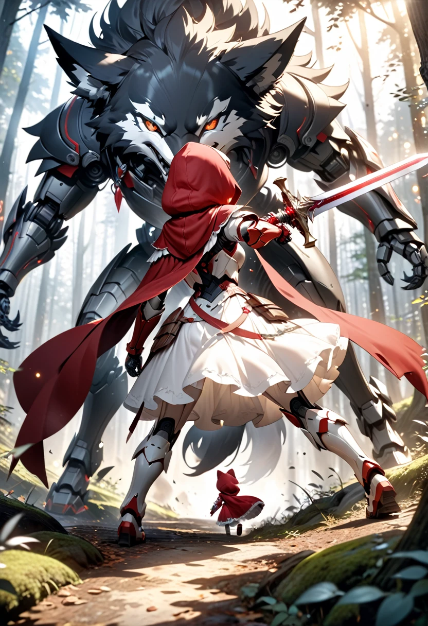 fantasy cg art,1girl with red twintail hair,(cute red and white robot armor),long red hood,(red and white decorated sword held in both hands:1.2),large black robot wolf about to pounce,tense battle in mysterious forest,view from behind little red riding hood,best quality,4k,8k,highres,masterpiece:1.2,ultra-detailed,HDR,UHD,studio lighting,ultra-fine painting,sharp focus,physically-based rendering,extreme detail description,professional,vivid colors,bokeh