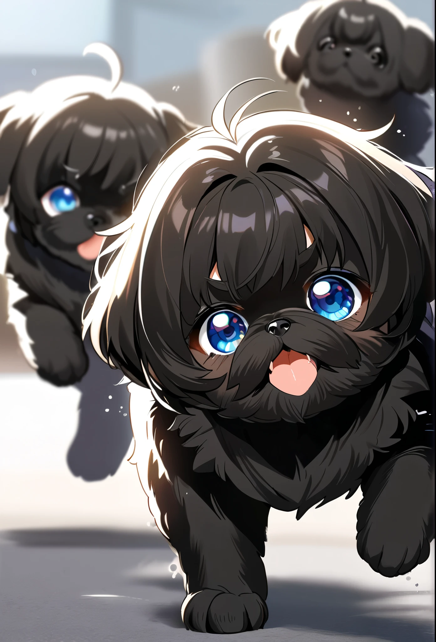 2 adorable small black shih tzu puppies with blue eyes pouncing