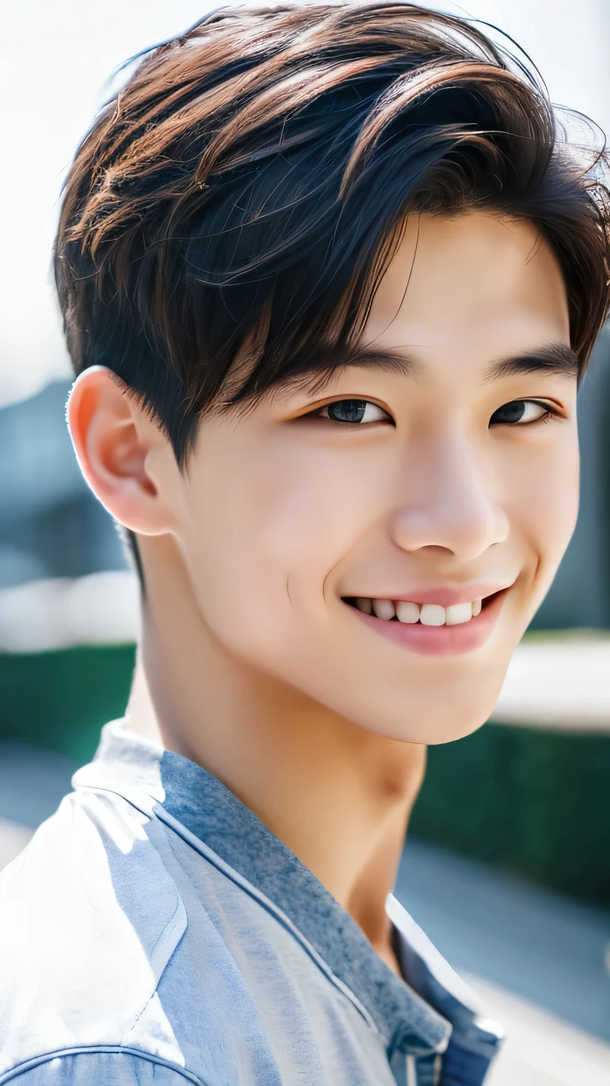 Highest quality, masterpiece, Ultra-high resolution, (Realistic: 1.4), Original photo, wallpaper, Head Photo, skin, Simple Background, Iris, detailed, Selfie, 1 boy, 18-year-old, good looking, Wind,smile,