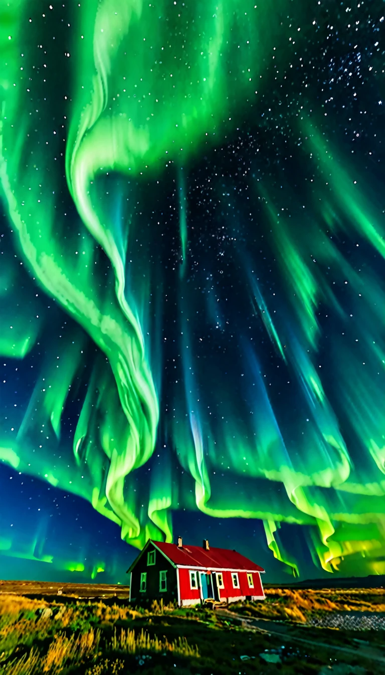 A small abandoned town under a sky full of intense green auroras, blue and red. The city's infrastructure is crumbling, with downed power lines and abandoned cars. The atmosphere is creepy and silent, except for the occasional crackle of electricity.