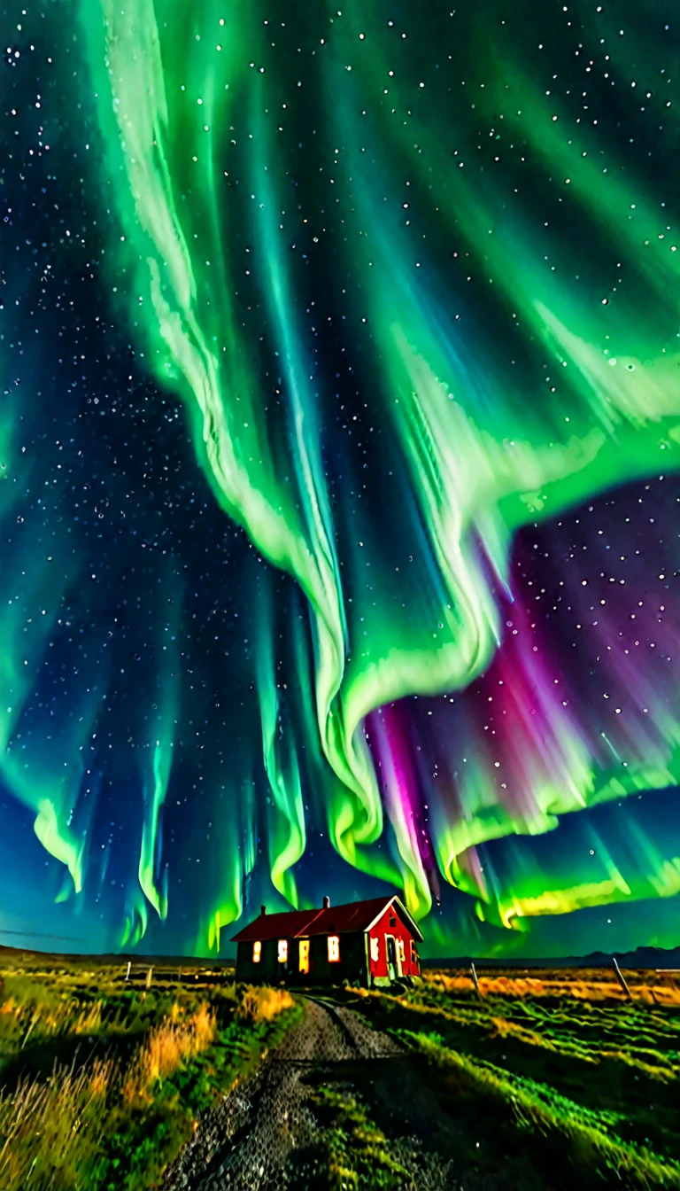 A small abandoned town under a sky full of intense green auroras, blue and red. The city's infrastructure is crumbling, with downed power lines and abandoned cars. The atmosphere is creepy and silent, except for the occasional crackle of electricity.