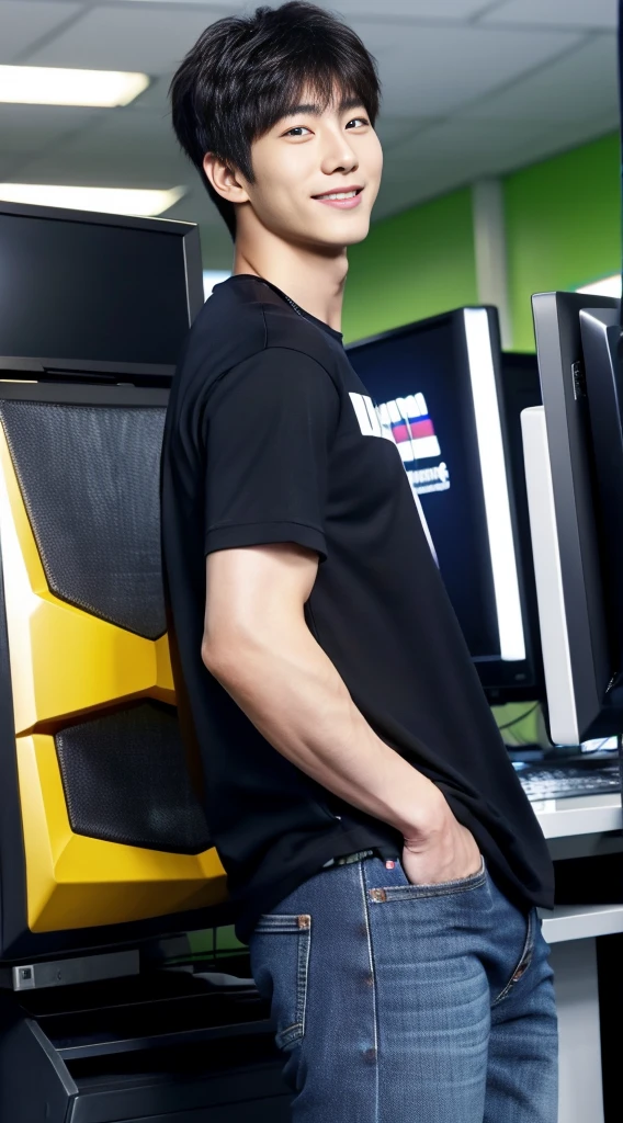 ((realistic daylight)) , Young Korean man in only a black sports shirt, no stripes, and jeans., A handsome, muscular young Asian man looks at the camera. , In a computer shop ,turn sideways, smile