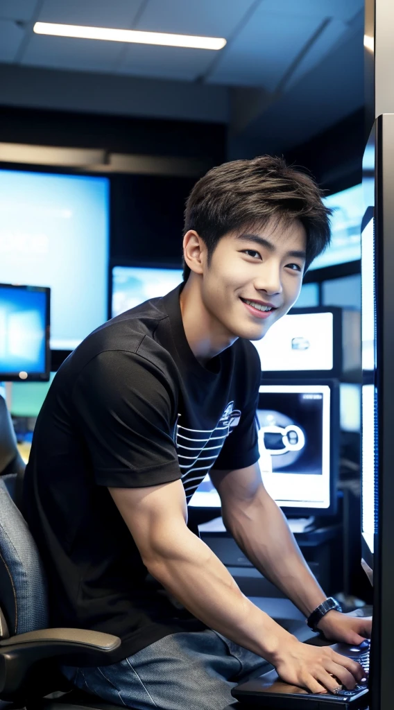 ((realistic daylight)) , Young Korean man in only a black sports shirt, no stripes, and jeans., A handsome, muscular young Asian man looks at the camera. , In a computer shop ,turn sideways, smile