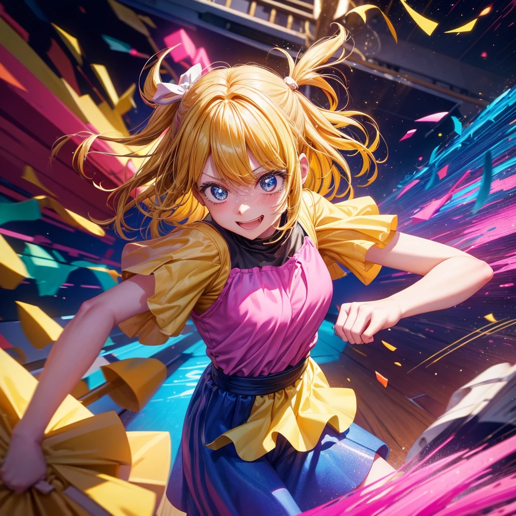 Create an anime-style image of a clumsy and naturally awkward girl with bright yellow hair. She should be wearing a cute, casual yellow outfit, such as a dress or a top with a skirt. Depict her in a moment where she is tripping or stumbling, showing a panicked and embarrassed expression, but also shyly smiling with her teeth showing in an awkward, bashful grin. Her hair is styled in a playful, slightly messy fashion. The background should be lively and fun, with bright colors and dynamic elements that emphasize her clumsiness. Add small, amusing details around her, like scattered items she has knocked over, to enhance the playful and whimsical atmosphere. Ensure that she is the only character in the image, making her the clear focus of the scene. Make sure the overall image is vibrant and engaging, suitable for use as a thumbnail.
