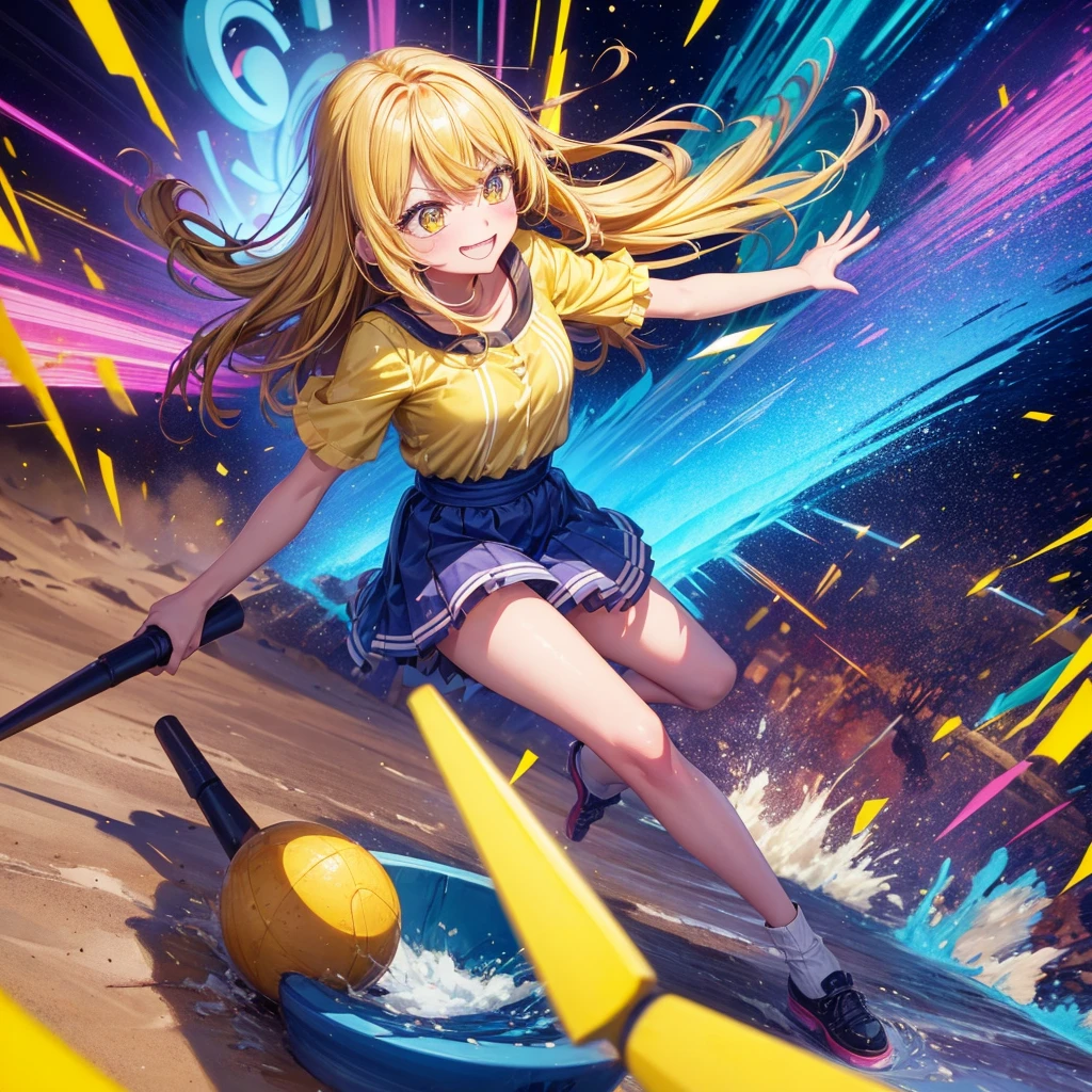 Create an anime-style image of a clumsy and naturally awkward girl with bright yellow hair. She should be wearing a cute, casual yellow outfit, such as a dress or a top with a skirt. Depict her in a moment where she is tripping or stumbling, showing a panicked and embarrassed expression, but also shyly smiling with her teeth showing in an awkward, bashful grin. Her hair is styled in a playful, slightly messy fashion. The background should be lively and fun, with bright colors and dynamic elements that emphasize her clumsiness. Add small, amusing details around her, like scattered items she has knocked over, to enhance the playful and whimsical atmosphere. Ensure that she is the only character in the image, making her the clear focus of the scene. Make sure the overall image is vibrant and engaging, suitable for use as a thumbnail.