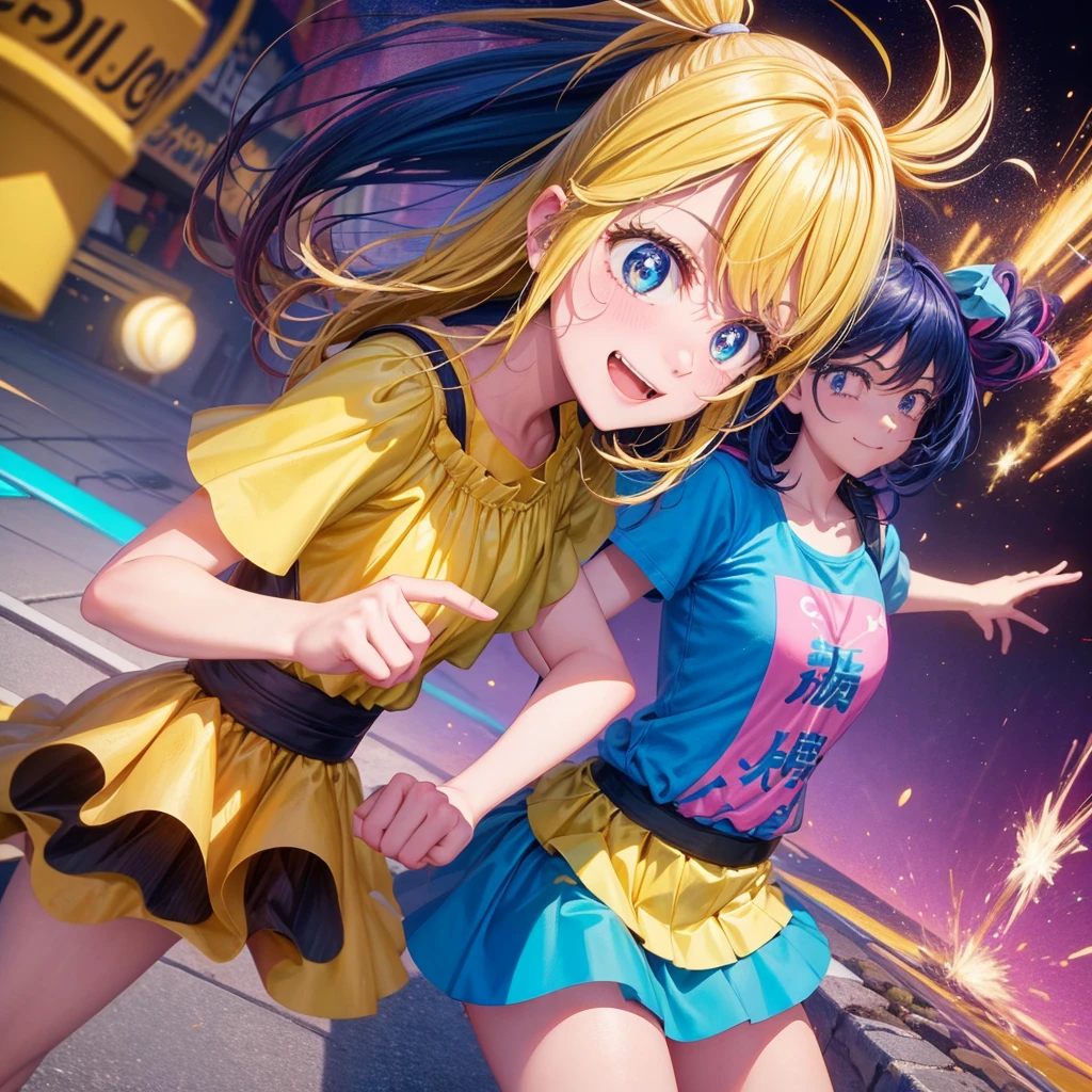 Create an anime-style image of a clumsy and naturally awkward girl with bright yellow hair. She should be wearing a cute, casual yellow outfit, such as a dress or a top with a skirt. Depict her in a moment where she is tripping or stumbling, showing a panicked and embarrassed expression, but also shyly smiling with her teeth showing in an awkward, bashful grin. Her hair is styled in a playful, slightly messy fashion. The background should be lively and fun, with bright colors and dynamic elements that emphasize her clumsiness. Add small, amusing details around her, like scattered items she has knocked over, to enhance the playful and whimsical atmosphere. Ensure that she is the only character in the image, making her the clear focus of the scene. Make sure the overall image is vibrant and engaging, suitable for use as a thumbnail.