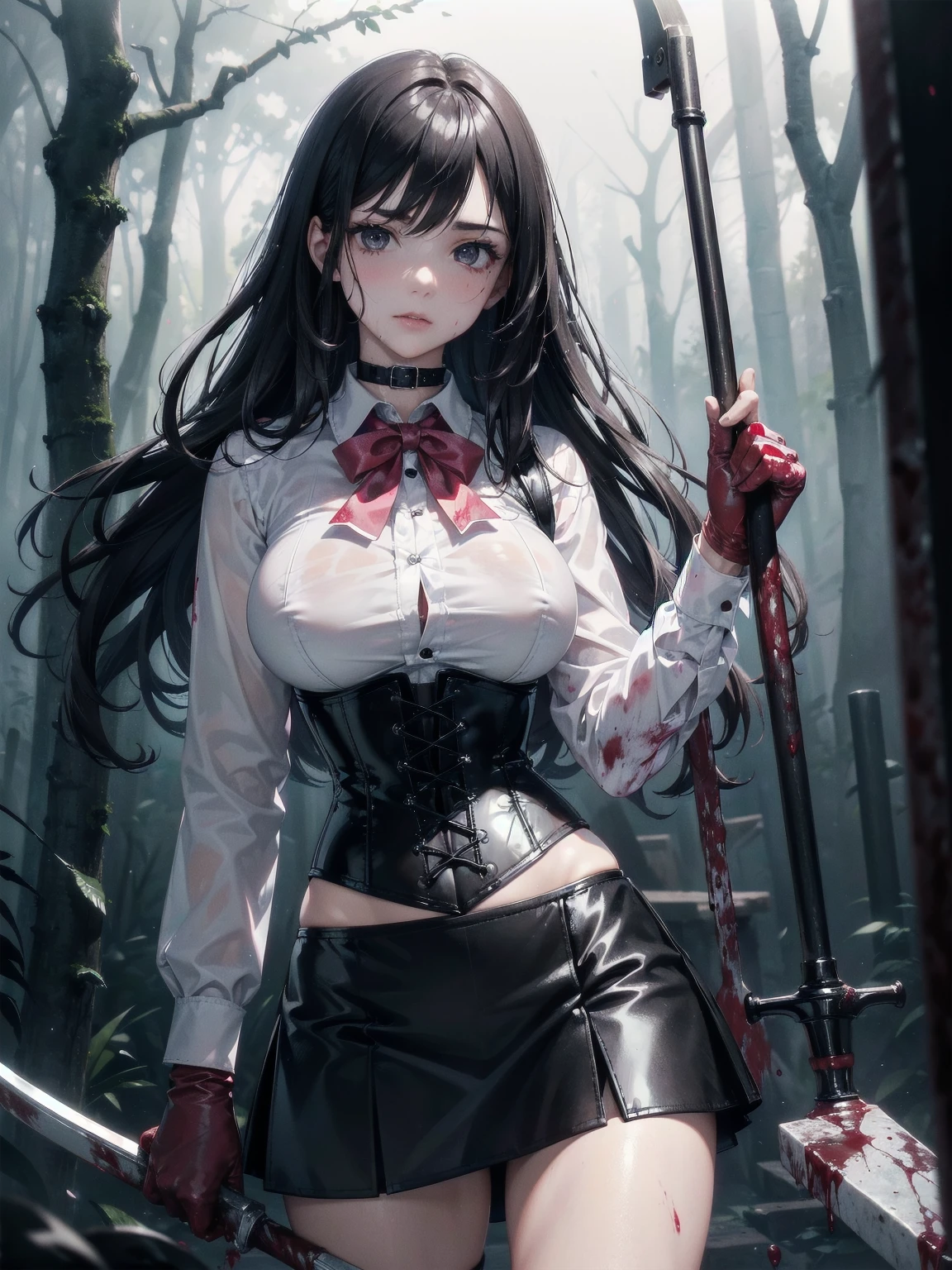 ((blood droplets)), ((blood)), ((blood splatter)), ((blood on clothes)) ((blood stain)), masterpiece, Superior image quality, High resolution, 4k image,photo and gross, photorealistic, whole body, distant view, ung man of 15 y{{vagina}}}, easts, beau long black hair, black eyes, very detailed eyes, pink cheeks, serious expression, choker:1.6, (white collar button down long sleeve shirblack gloves, gloves that cover hands, (holding an ax in the right hand), (black leather corset), (shiny black miniskirt), Sensual Lips, show details in the eyes, View from the front, looking at the viewer, gloomy forest, at night, atmosphere, fog